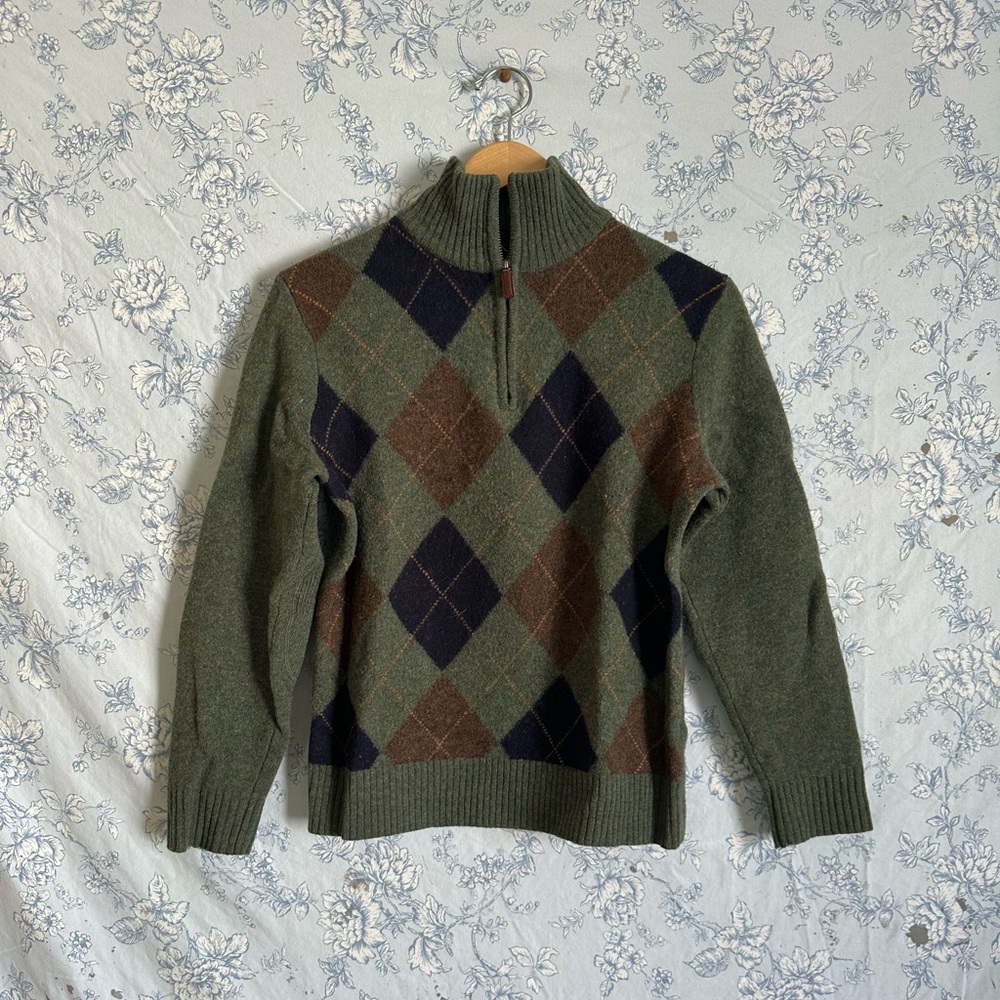 J. Crew Green and Brown Zip Up Argyle Sweater